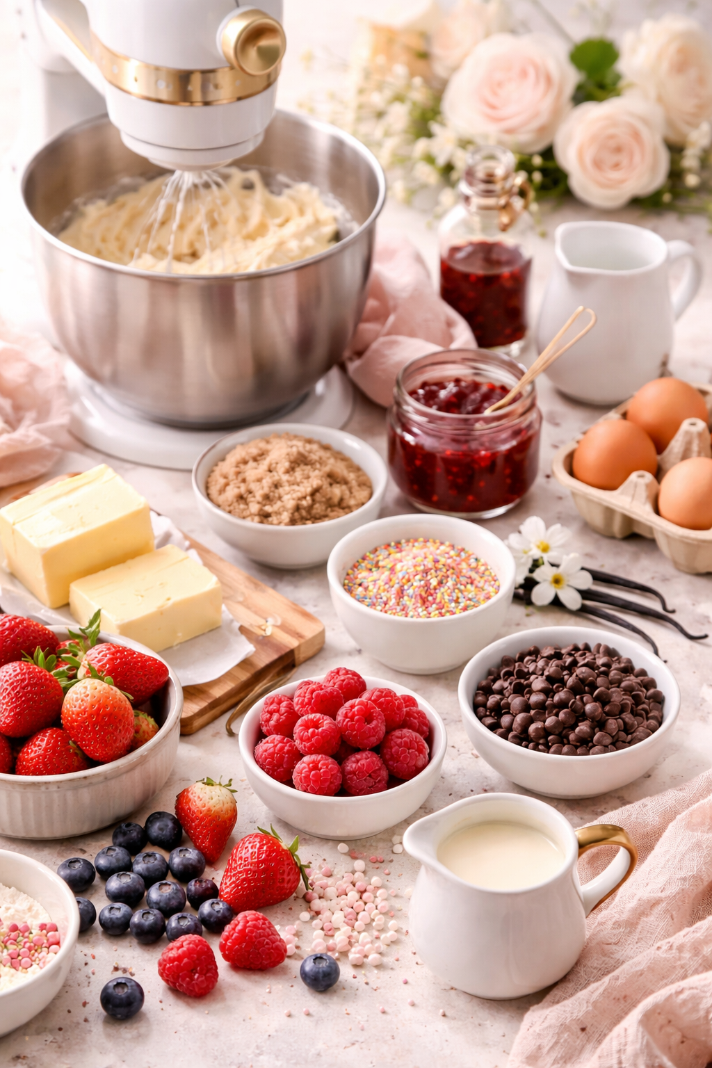 Baking ingredients arranged beside a stand mixer